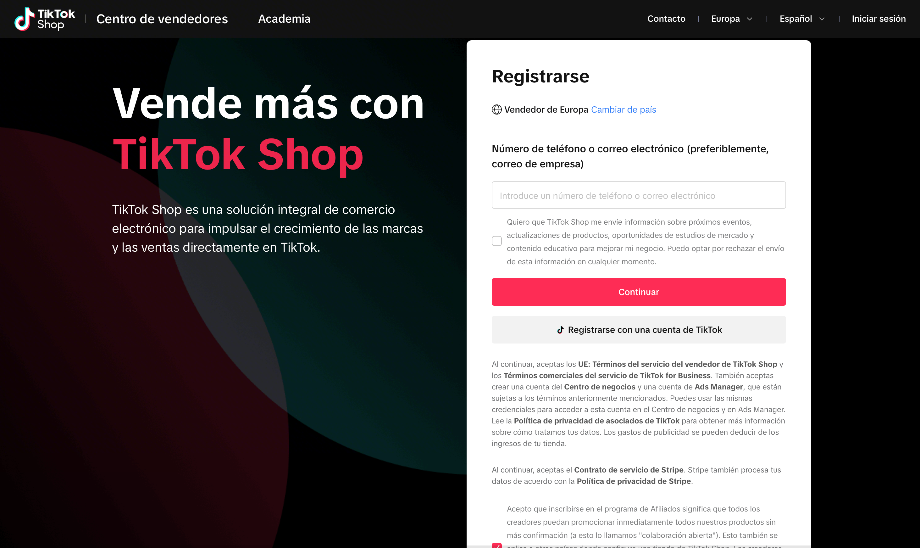 página de registro de TikTok Shop