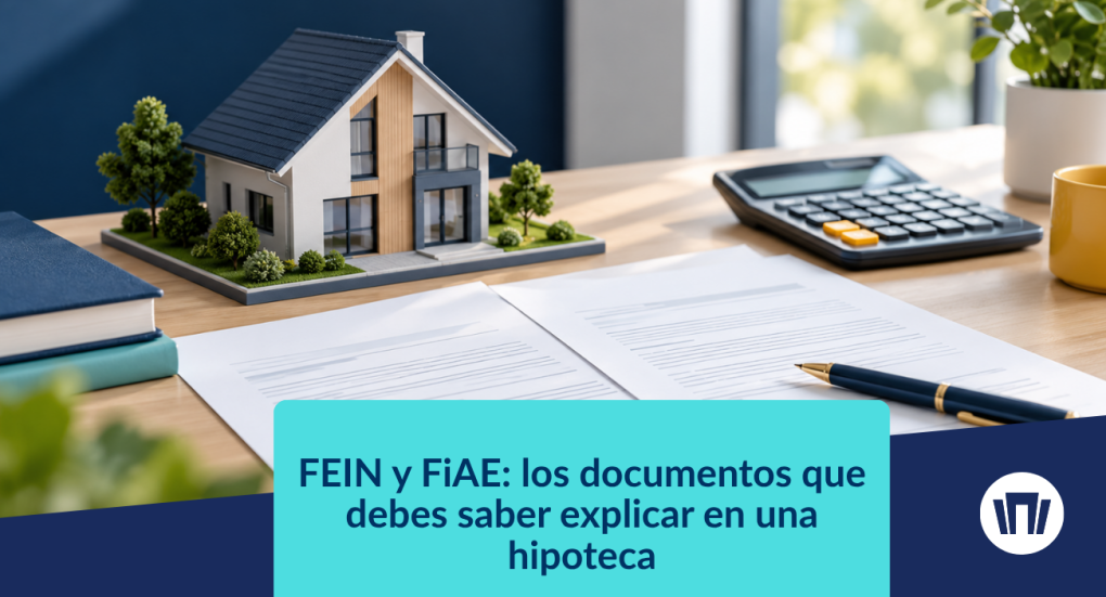 Documentos de una oferta hipotecaria junto a una maqueta de vivienda y una calculadora.