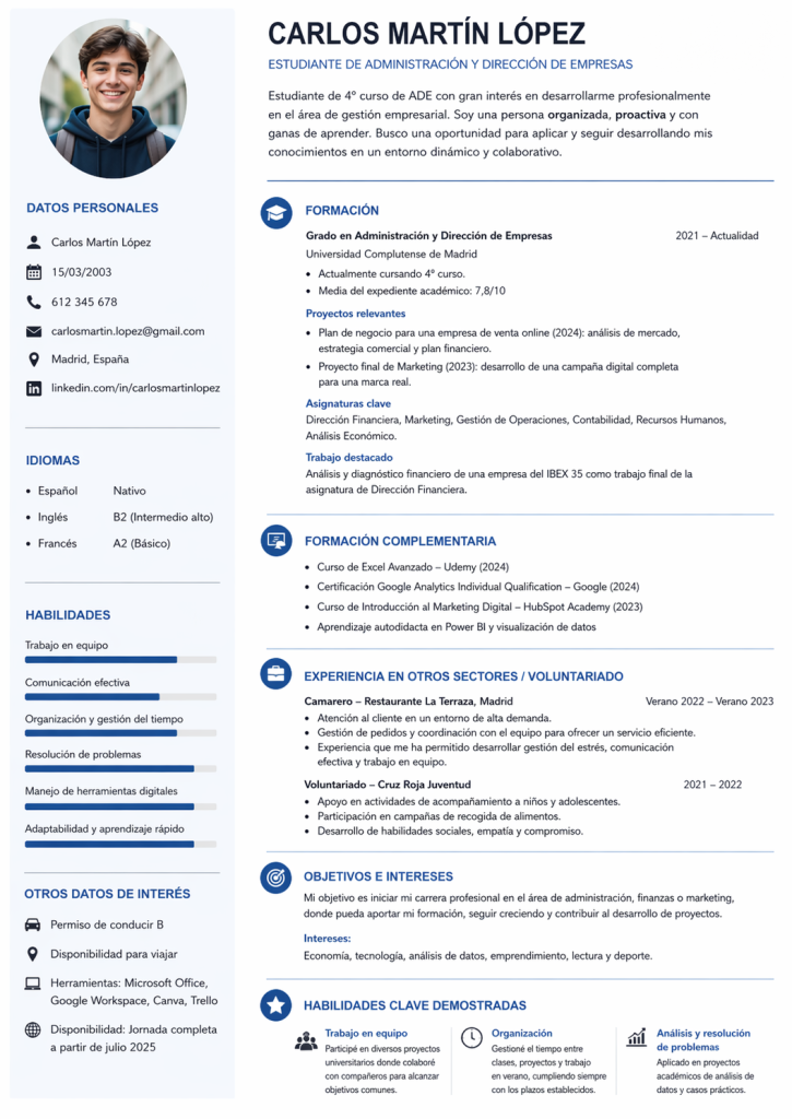 Ejemplo de curriculum para un estudiante sin experiencia laboral
