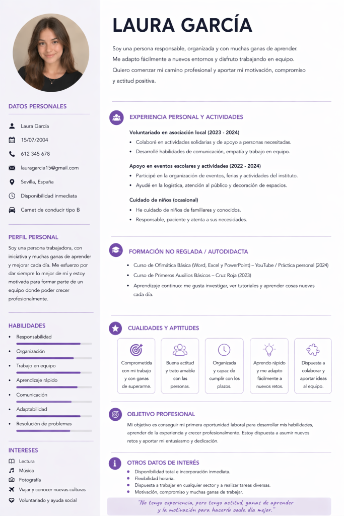 Ejemplo de CV sin experiencia ni estudios