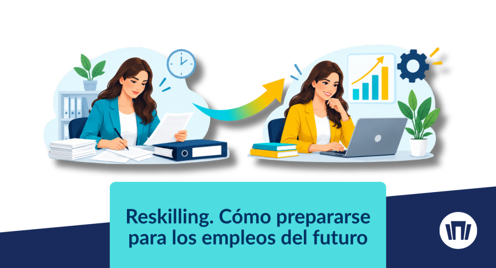 Ilustración sobre reskilling y adaptación profesional a nuevas competencias digitales.
