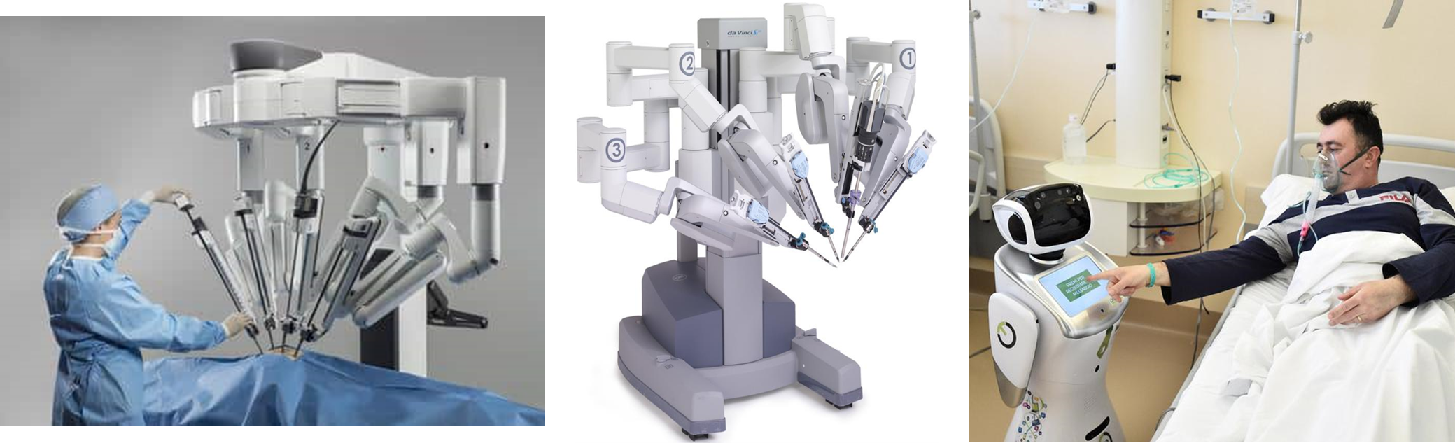 (izquierda y centro) Robot médico utilizados tanto para intervenciones quirúrgicas - Robot Da Vinci ; (derecha) Robot médico utilizado para cuidado de pacientes - Tommy, the robot nurse (Circolo hospital).